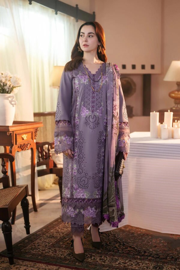 QALAMQAR- 3Piece LAWN EMBROIDERED SHIRT WITH MONARK PRINT DUPATTA AND TROUSER-ORC-075