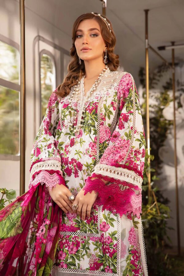MARIA.B-3PC LAWN PRINTED EMB SHIRT WITH CHIFFON PRINT DUPATTA AND PRINT TROUSER-ORC-091