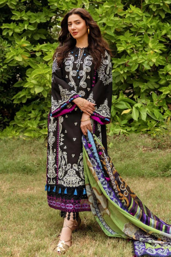 SIRAA BY SADAF-3Piece LAWN EMBROIDERED SHIRT WITH MONARK PRINT DUPATTA AND LAWN TROUSER-ORC-030