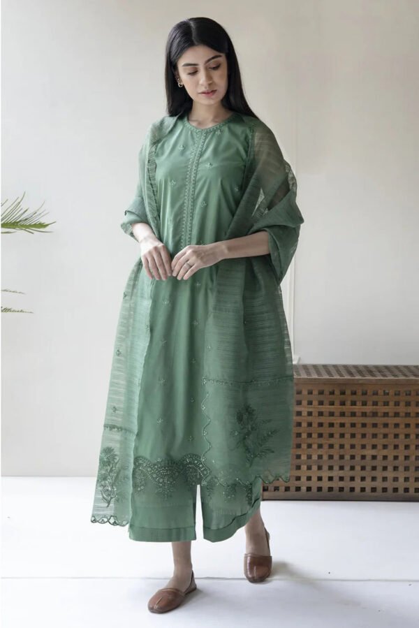 DYOT - 3Piece LAWN EMBROIDERED SHIRT WITH ORGANZA EMBROIDERED DUPPATTA & TROUSER-ORC-018