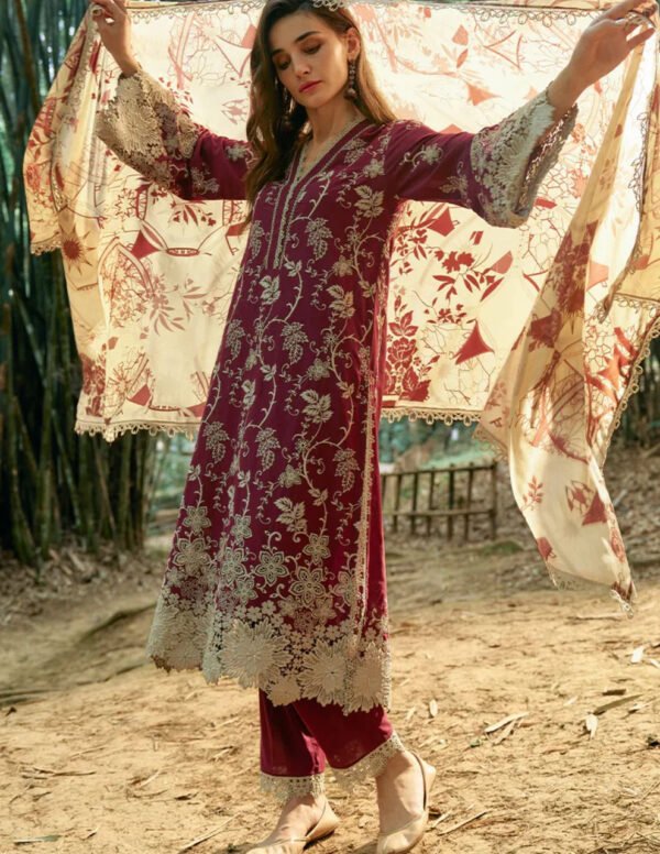 IMAGE-3Piece LAWN EMBROIDERED SHIRT WITH MONARK PRINTED DUPATTA & TROUSER-ORC-010